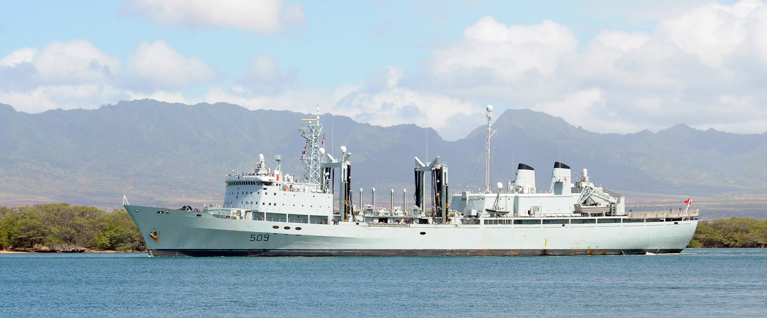 PEARL HARBOR (June 23, 2009): The Canadian Navy auxiliary replenishment oiler HMCS Protecteur (AOR 509) departs Naval Station Pearl Harbor after a routine port visit. 